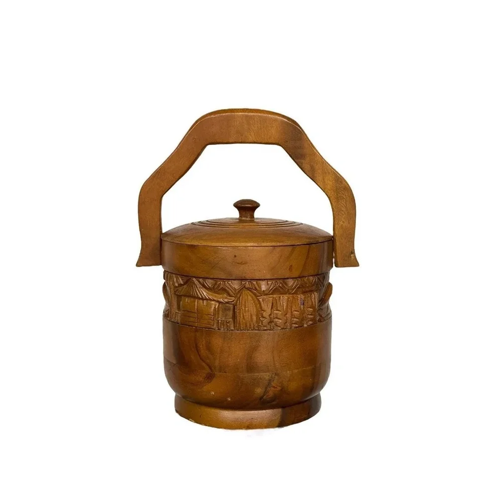 Hand Carved Wooden Tiki Bar Ice Bucket, Mid Century Barware, Polynesian Decor